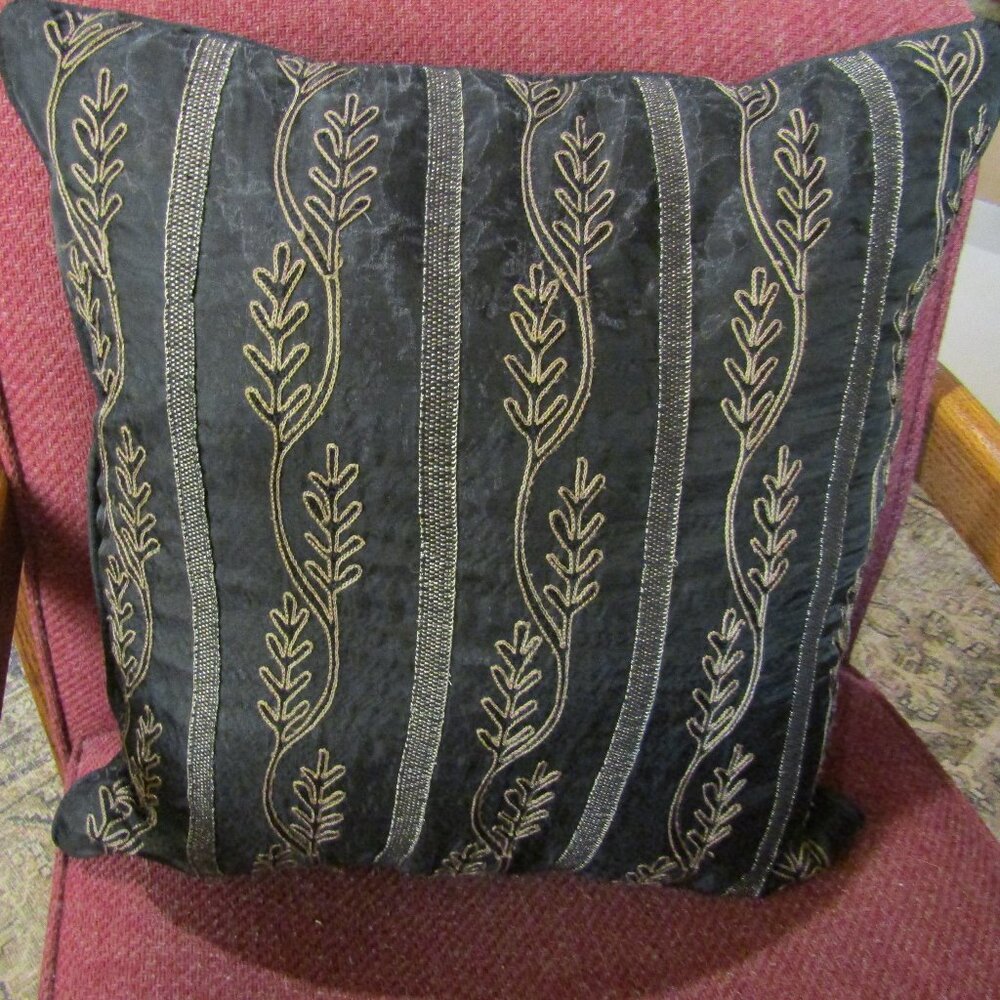 Black and Gold Embroidered Throw Pillow Boho Floral Bohemian Vintage Inspired